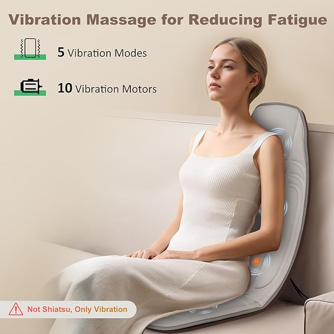 Vibration Back Massager with Heat Massage Chair Pad with 10 Vibration Motors &amp 2 Heating Levels Chair Massager for Recliner Sofa Beige