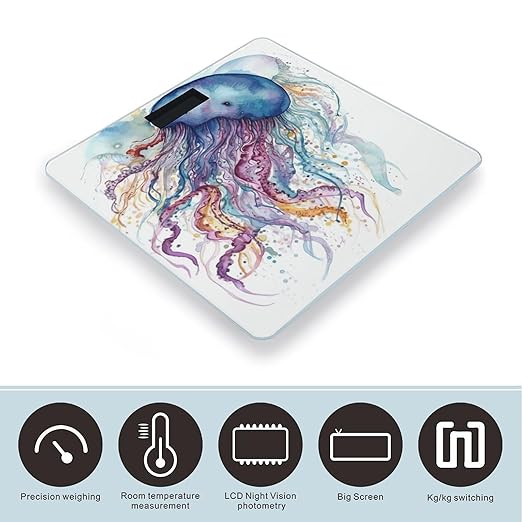 Watercolor Jellyfish Bathroom Scale Automatic Power On/Off Body Scales LCD Backlight Display Square Digital Scale Rounded Corners Bathroom Scales for Home Bedrooms