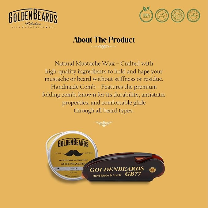 Golden Beards Mustache Wax with GB-77 Folding Comb – Organic &amp Natural Styling Wax for Men – Strong Hold Vegan Cruelty-Free Grooming Kit
