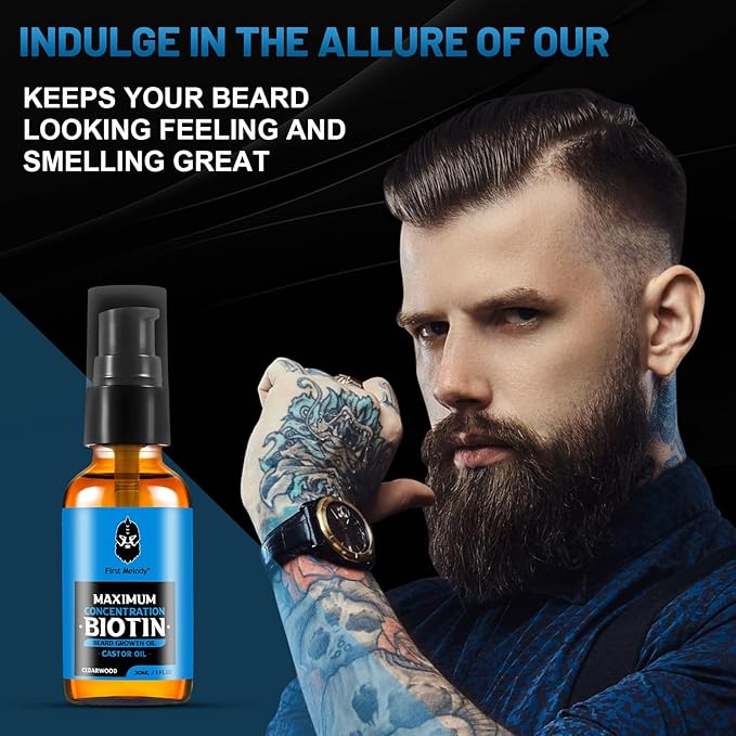 Beard OilMaximun Thickening Biotin with Castor Oil and Argan &amp Jojoba Oils Promotes Beard Growth Styles Strengthens &amp Softens Beards &amp Mustaches1 Ounce*2（2 Pack）