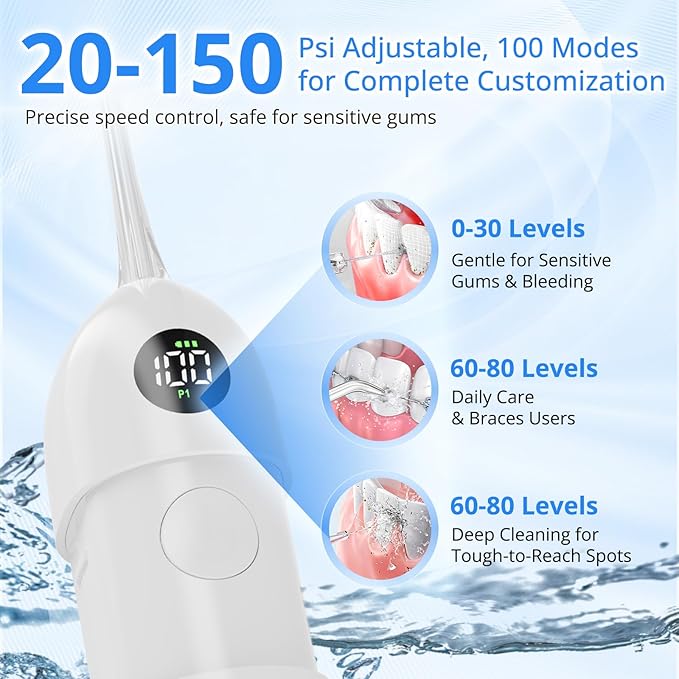 Portable Water Flosser for Teeth 100 Power Levels (0-150-PSI Variable Pressure) Mini Cordless Electric Floss for Tooth Cleaning and Flossing IPX7&amp250ML Water for Braces Aldult White