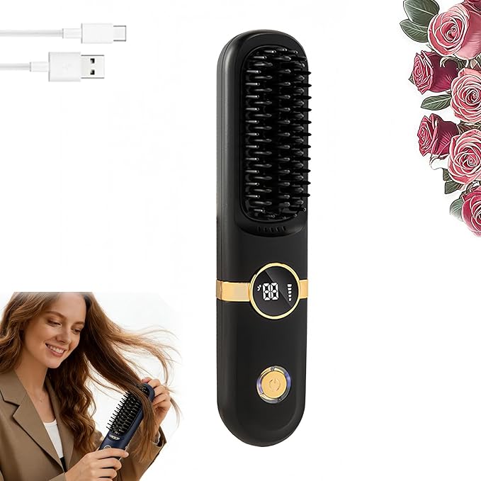 Cordless Portable Hair Straightener Brush Rechargeable Heated Styling Comb with 3 Heat Settings &amp LED Display Adjustable Cordless Hair Brush for Travel Office Gym &amp Daily Touch-Ups (Black)