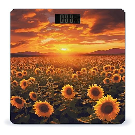 Sunflower Field Sunset Sea of Flowers Bathroom Scale Rounded Smart Scale for Body Weight Automatic Power On/Off Weight Scales Accurate Bathroom Digital Scales for Pet Home Bedroom Kitchen