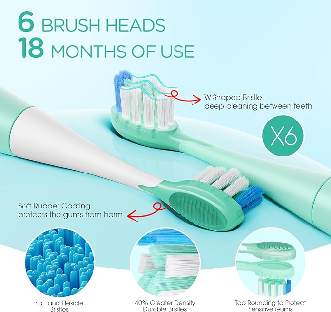 VOYOR-HEALTH Sonic Electric Toothbrush for AdultsTooth Brushes with 6 Brush Heads70-Day Battery LifeIPX7 Waterproof Rechargeable Travel Toothbrushes with 3 Modes for Family Use ET110（Green）