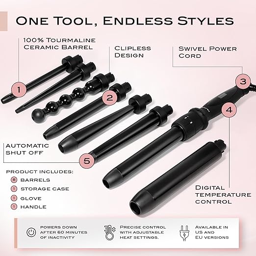 NuMe Octowand 8-in-1 Curling Wand Set Interchangeable Tourmaline Ceramic Barrels 13mm - 32mm Heat-Resistant Glove and Travel Case LCD Digital Display