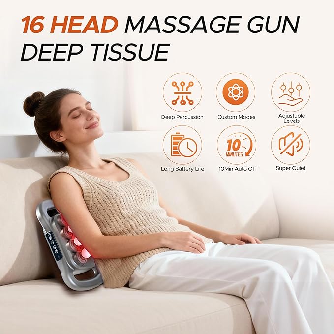 16 Head Massage Gun Deep Tissue - 2026 Upgrade 16-Drive Back Muscle Massager with Adjustable 9 Modes &amp 9 Levels Quiet Percussion Massager for Legs Waist Back Buttocks Muscles Pain Relief (Gray