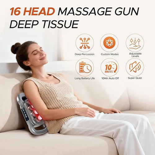 16 Head Massage Gun Deep Tissue - 2026 Upgrade 16-Drive Back Muscle Massager with Adjustable 9 Modes &amp 9 Levels Quiet Percussion Massager for Legs Waist Back Buttocks Muscles Pain Relief (Gray