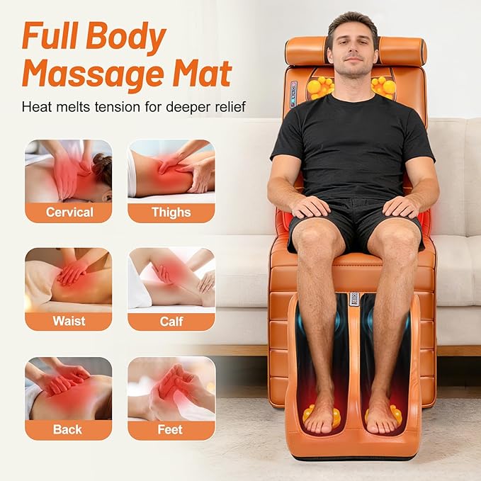 Full Body Massage Mat with Foot Massager Shiatsu Vibration Massage Pad with Heat Detachable Neck Pillow Airbag Lumbar Support &amp Remote Control for Back Waist Legs and Feet