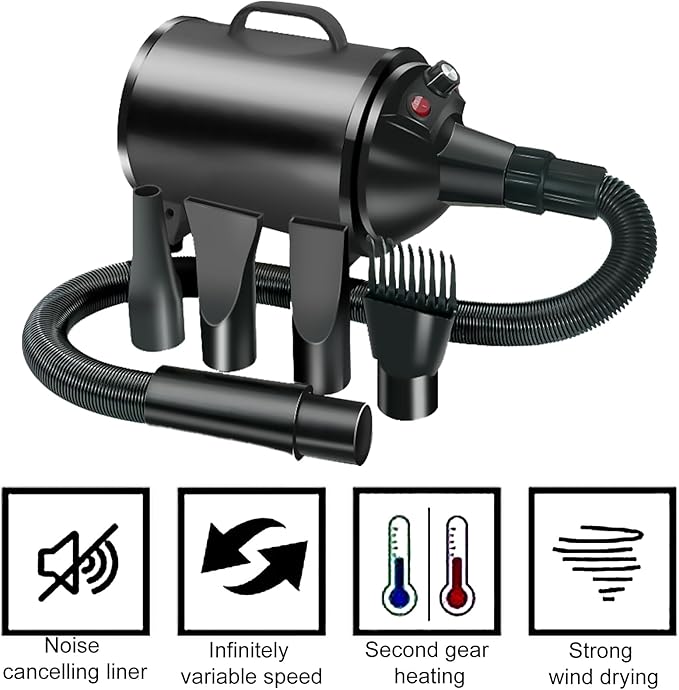 Dog Hair Dryer3.3HP/2400W High Velocity Professional Dog Pet Grooming Hair VacuumTemperature Adjustable Dryer Blower Grooming for Dogs Cats (Black)