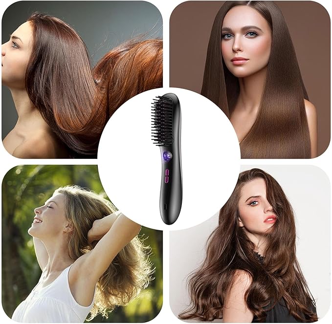 Hair Straightener Brush - Lightweight Hair Straightener Comb | 3 Temp Settings Rechargeable Styling Tools Streamlined Negative Ionic Comb for Home Outdoor Travel Vacation