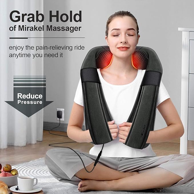 Mirakel Shiatsu Neck &amp Back Massager with Heat - Deep Tissue Neck Back &amp Shoulder Pain Relief - Ergonomic Design Shoulder Massager Electric Kneading Whole Body Massage Pillow Gifts for Women