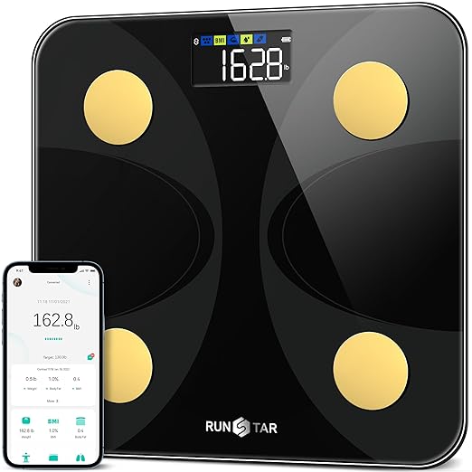 Scale for Body Weight and Fat Percentage RunStar Digital Accurate Bathroom Smart Scale with Large Display FSA&ampHSA Eligible 13 Body Composition Analyzer Sync App Black Gold