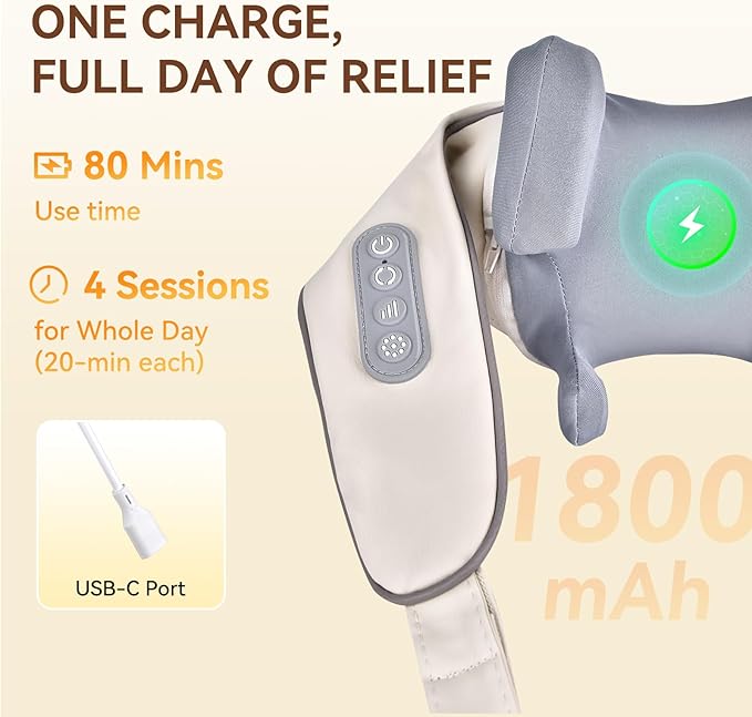 Cordless 4D Shiatsu Neck Massager with Heat - Deep Tissue Kneading Pillow for Back &amp Leg Pain Relief Portable Rechargeable Gift for Men &amp Women Ivory White
