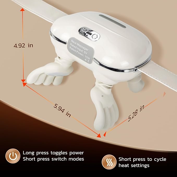 Hand Neck Massager Bionic Hand Massage Cordless Electric 4D Kneading Massager Back Shoulder with Heat-White