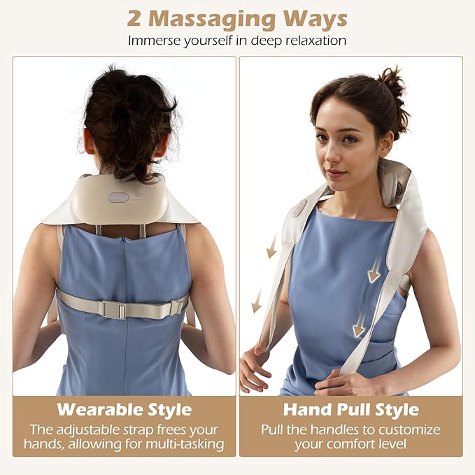 COSTWAY Neck Shoulder Massager 4D Deep Tissue Kneading Shiatsu Machine with 2 Heat Levels for Pain Relief Portable Cordless Neck Back Leg Massage Pillow Gift for Family Women Men Beige