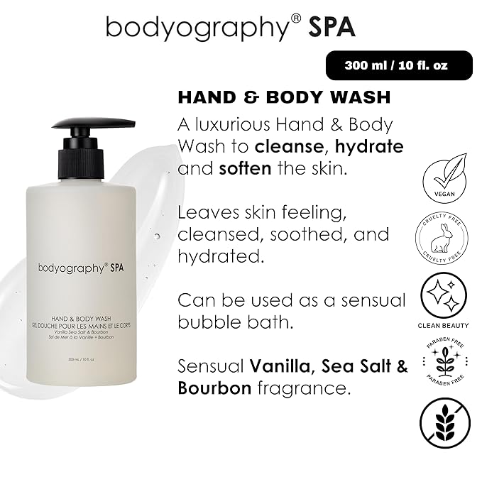 Bodyography Spa Hand &amp Body Wash Vanilla Sea Salt &amp Bourbon Fragrance 10 oz | Luxurious Vegan Cleanser &amp Bubble Bath | Hydrating Paraben-Free Gluten-Free Daily Body Care