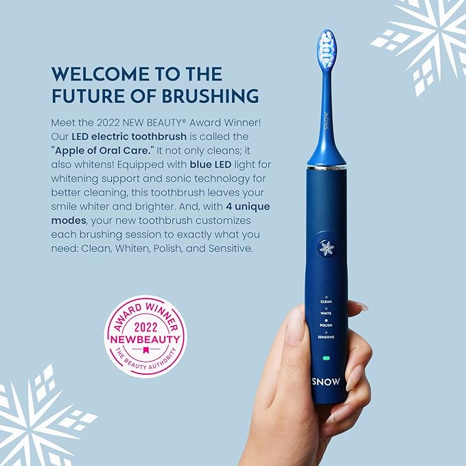 SNOW Electric Toothbrush with Sonic Technology - LED Whitening - 2 LED Brush Heads &amp 4 Brushing Modes - Rechargeable Automatic Toothbrush for Adults with Built-in Timer - Gen 1 Polar Blue