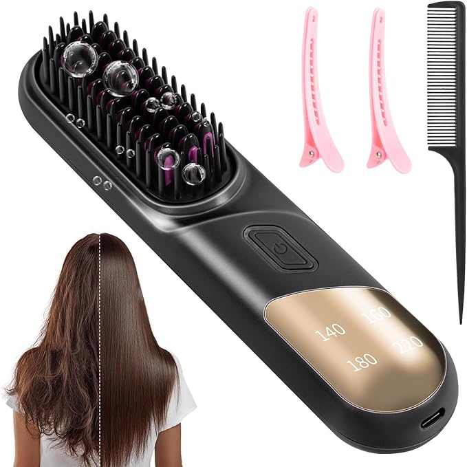 Go Brush Pro 3-in-1 Cordless Negative Ion Hair Straightener &amp Curle &amp Comb 4 Temps Intelligent Control Fast Heating MCH Ceramic Coating Anti-scalding Comb Teeth Smoothes Frizz