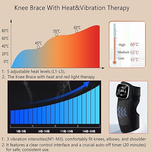 Red Light Therapy Knee Brace Wireless Rechargeable 665nm &amp 855nm Heating &amp Vibration for Knee/Joint/Elbow/Shoulder (One Size Adjustable PCS 1)