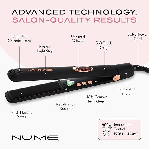 NuMe Megastar Hair Straightener Tourmaline Flat Iron–1 Inch Floating Plates with Negative Ion Booster Infrared Light Strip Ideal for All Hair Types – Ultra-Smooth and Shiny Results