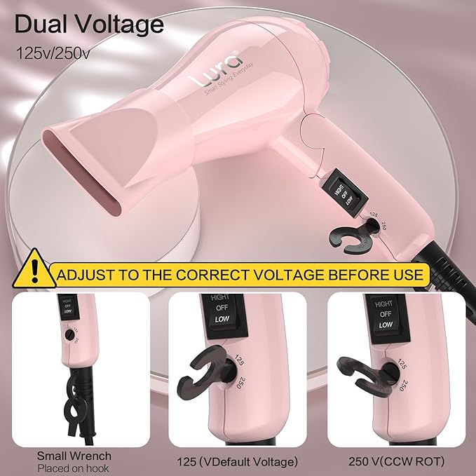 Foldable Travel Hair Dreyr Mini:Dual Voltage Small Lightweight Blow Dryer for International Travel1200w Compact Hairdryer with Concentrator and Travel Bag(Light Pink)