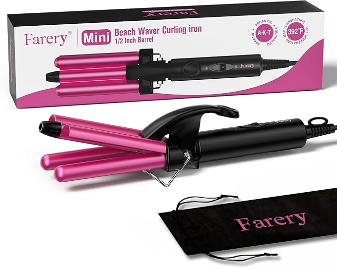 FARERY Mini Waver Curling Iron 1/2 Inch Hair Crimper for Women Beach Waves Keratin &amp Argan Oil Infused Dual Voltage Pouch Bag