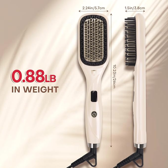 Hair Straightener Brush- Hair straighteners for Women Ceramic Ionic Straightener Comb with Less Frizz | 20s Fast Heating | 2 in 1 Flat Iron Brush Dual Voltage Travel Champagne