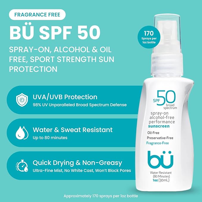 BU SPF 50 Sunscreen Spray for Face and Body 2-Pack with 3.3 oz Fragrance Free and 1 oz White Sage Clear Non Greasy Water Resistant