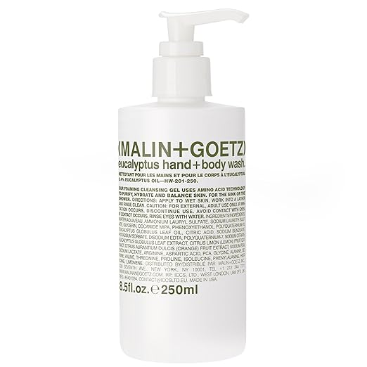 MALIN+GOETZ Hand + Body Wash | Gentle Foaming Cleanser with Botanical Extracts and Amino Acids | Hydrating pH-Balanced Unisex Scent | Vegan &amp Cruelty-Free (Eucalyptus Bergamot Rum Cannabis)