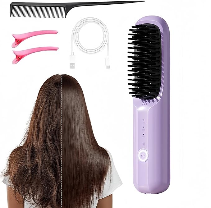 Cordless Hair Straightener Brush 2026 New Portable Hair Straightener Fast Heating Ceramic Brush USB Rechargeable for Women Short Long Hair Travel Vacation Home Use (Purple)