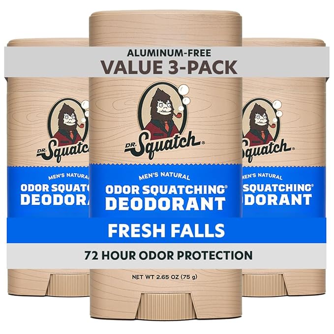 Dr. Squatch Natural Men’s Deodorant – Aluminum Free Natural Deodorant Men with Charcoal &amp Postbiotics for 72-Hour Odor Protection – Fresh Falls 2.65oz Stick (3-Pack)