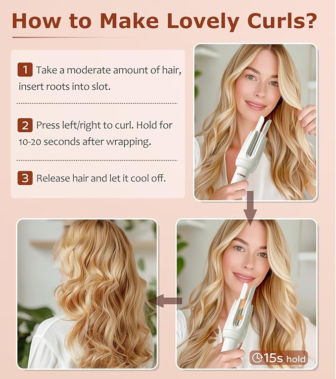 Auto Hair Curler Automatic Curling Iron with 4 Temperature &amp 3 Timer Automatic Shut-Off Anti-Scald Anti-Tangle Rotating Curling Wand for Hair Styling White