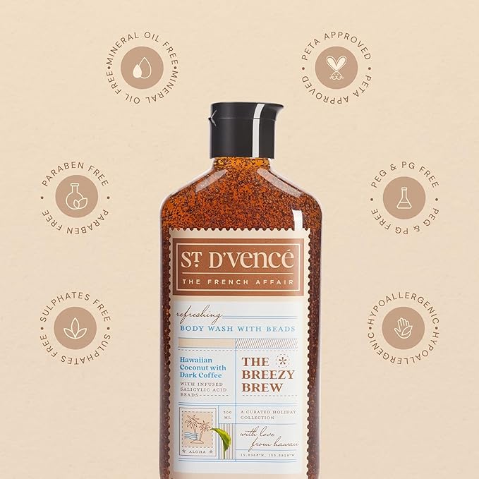 St. D’vence Breezy Brew Salicylic Acid Body Wash Shower Gel for Women &amp Men with Coffee &amp Coconut | Deep Cleansing Paraben &amp SLS Free | Body Wash for Summer - 300 ml