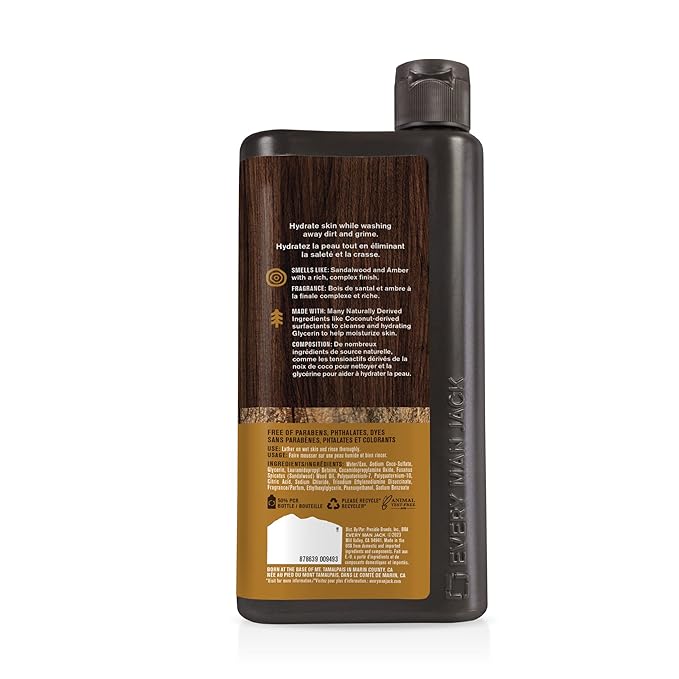 Every Man Jack Amber+Sandalwood Hydrating Mens Body Wash for All Skin Types-Cleanse Nourish and Hydrate Skin with Naturally Derived Ingredients-Paraben Free Phthalate Free Dye Free-24oz(Pack of 2)