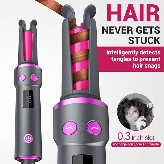 Negative Ion Automatic Rotating Curling Iron – Smart Tangle-Free Dual Voltage Anti-Scald Portable Ceramic-Coated Auto Hair Curler for Travel &amp Home Use（1inch