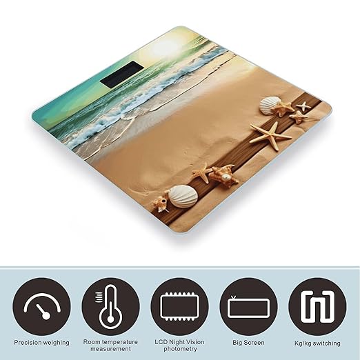 Ocean Beach Theme Weight ScaleClear LED Display Bathroom Digital Weighing ScaleTempered Glass Digital Bathroom Scale for Body Weight Capacity Up to 400 Lbs