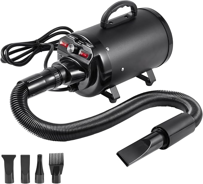 Happybuy Dog Dryer: A 2000W/2.7HP Powerhouse for Pet Grooming. Featuring Adjustable Speed and Temperature Control Along with 4 Nozzles and an Extendable Hose