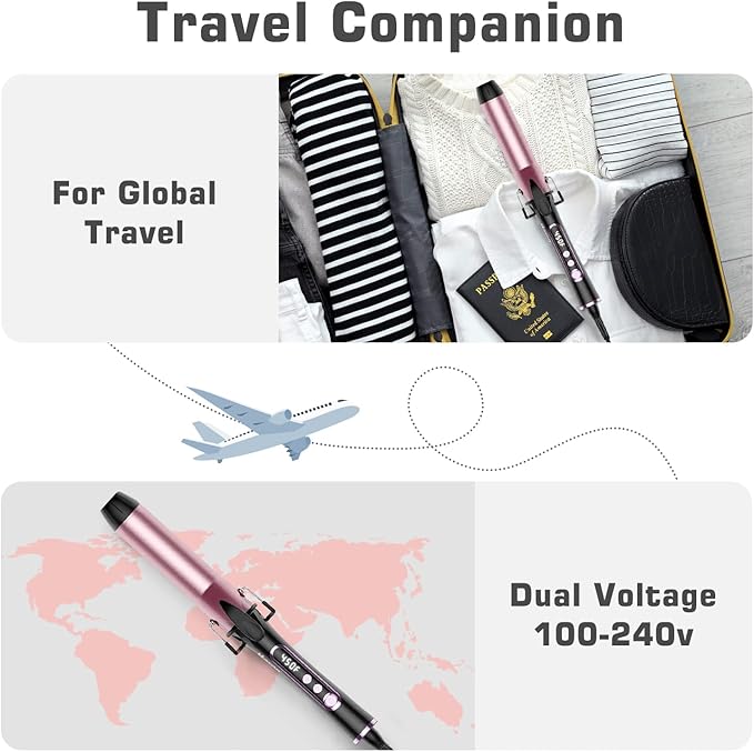 1 1/2 inch Curling Iron Dual Voltage Large Hair Curling Iron Heat up to 450°F Professiona Curling Wand Ceramic Tourmaline(Rose Gold)