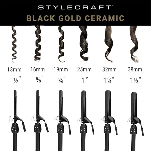StyleCraft Stay-Temp Black Gold Professional Curling Iron with Extra-Long Thumb Grip Extended Barrel Marcel