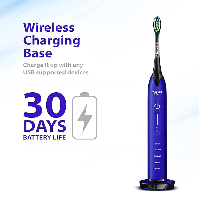 Wagner Stern Ultrasonic whitening Toothbrush with Pressure Sensor. 5 Brushing Modes and 4 Levels of Intensity 8 Soft bristles Travel case.