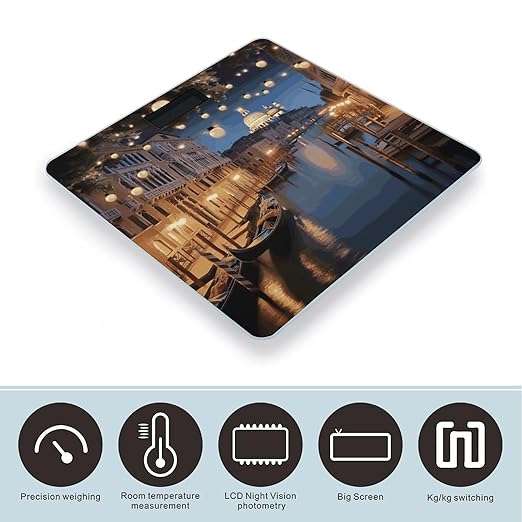 Beautiful Venice at Night Digital Bathroom Scale for Body Weight with High Precision Digital Weighing Scale with BMI Clear LCD Display and Step-On Measures Weight Up to 180kg