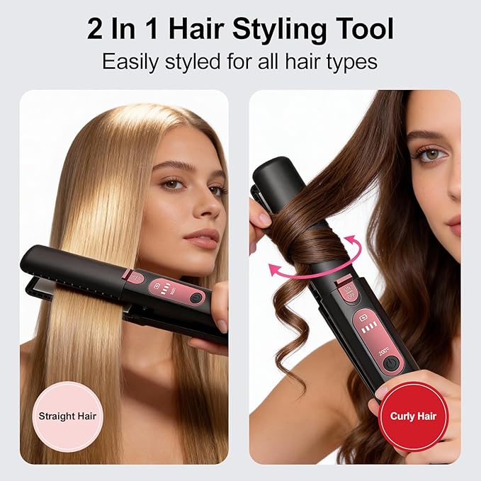 Portable Hair Straightener and Curler 2 in 1 Cordless Flat Iron Mini Cordless Hair Straightener with USB Charging Ceramic Curling Iron Cordless for Travel for Thin Hair Bangs &amp Edges Black