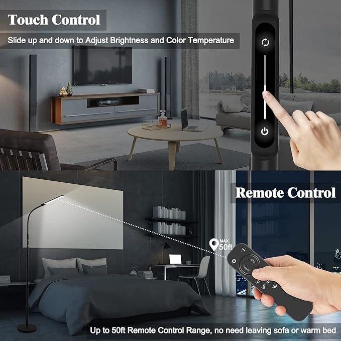 NXONE Led Floor LampModern Reading Adjustable Standing Height 4 Colors and Stepless Brightness Work Lamp for Living Room Bedroom Reading Black