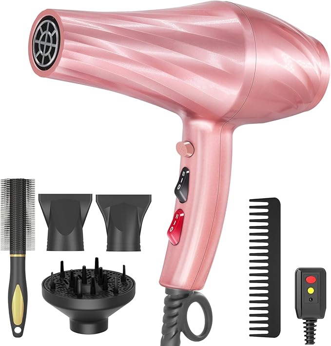 Ionic Hair Dryer2400W Negative Ion Low Noise Hair Dryer Professional Fast Drying Hair Dryers with 2 Speeds 3 Heat Settings Cooling Buttonwith Diffuser for Curly and Straight Hair（Sakura Pink）