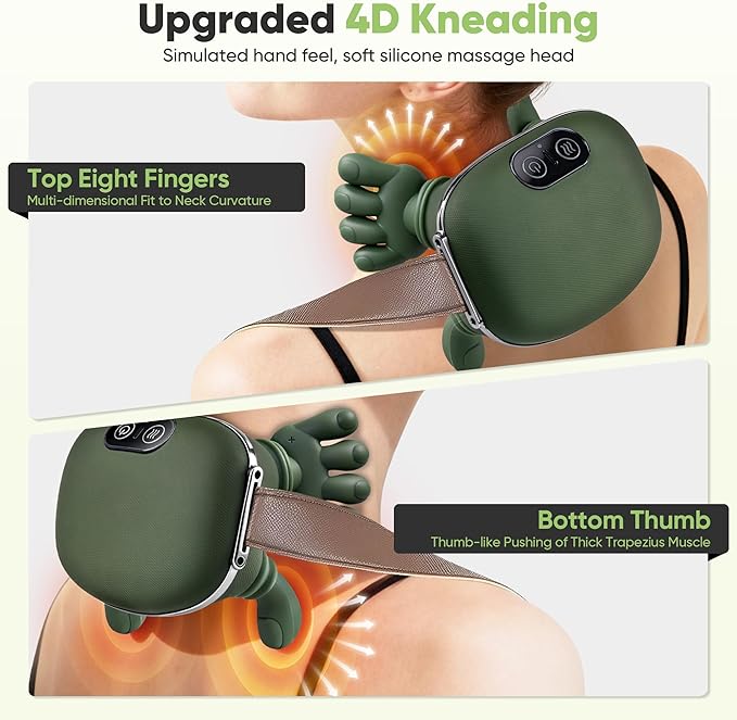 Shoulder and Neck Massager Bionic Heated Massager Neck Massager with Fingers 4D Kneading Massage Simulates a Real Palm Massage for Comfort Relax Muscle Tension (Green)