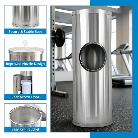 Zoom Wipes Stainless Steel Wipes Dispenser with Built-in Trash Bin – 36 Floor Stand Wipes Holder for Gyms Offices Homes – Sanitizing &amp Disinfecting Station Commercial Grade &amp Rustproof.