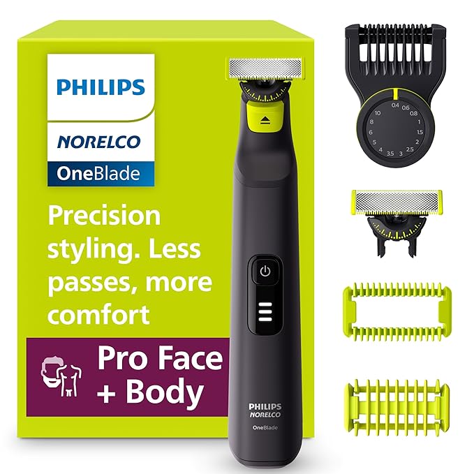 Philips Norelco OneBlade Pro 360 Face + Body Electric Shaver Beard Trimmer and Groomer with 360 Blade Technology 14-Length Precision Comb Body Kit Soft Pouch Model QP6542/70