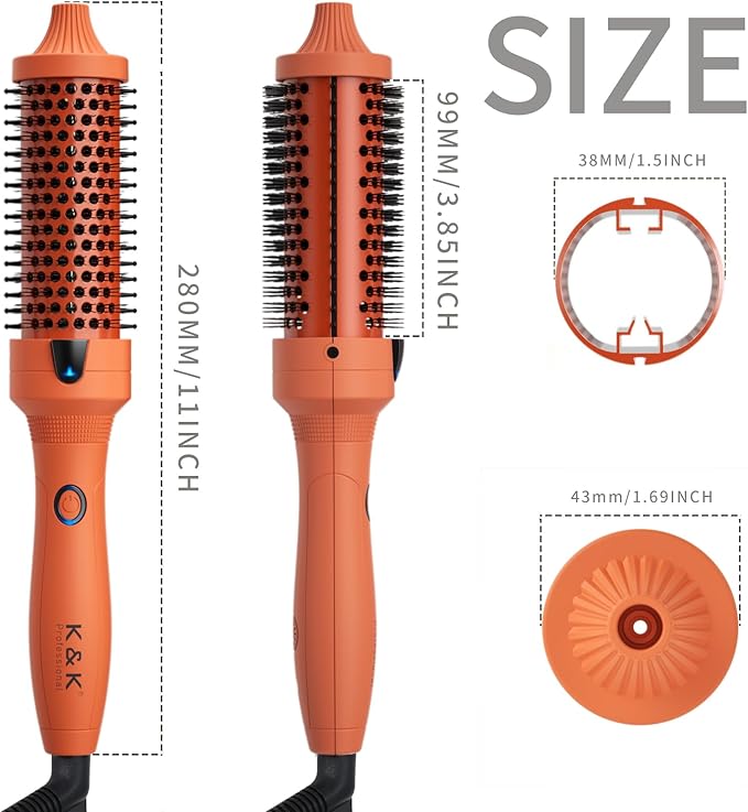 K&ampK Thermal Brush 1 1/2 inch Heated Round Brush with Detachable Head Velvet Pouch and Dual Voltage for Travel Easy to Create Blowout Look Cosmic Orange