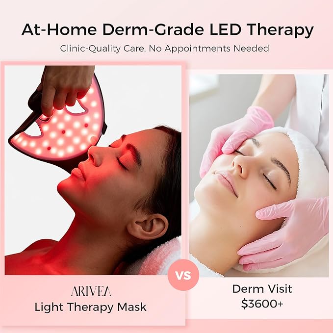 ARIVEA Red Light Therapy Mask for Face - 3 Modes LED Face Mask with Red Blue &amp Infrared Wireless &amp Rechargeable Light Therapy Device for Skin Care Wrinkle &amp Anti-Aging Home &amp Trave