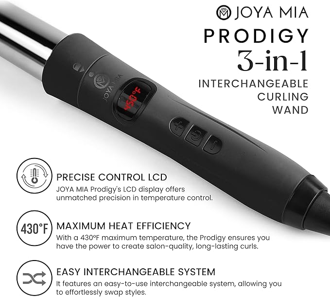 JOYA MIA Prodigy 3-in-1 Interchangeable Titanium Hair Curler - Professional Salon Long-Lasting Curls Hair Curling Tools Kit Durable and Easy-to-Use for Various Curl Styles Black